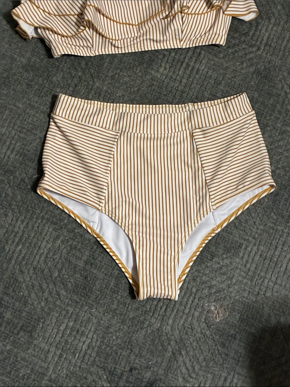 Striped High-Waist Ruffle Bikini Top and Bottom - Cream & Tan